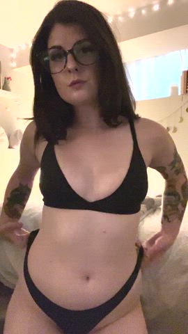 ass bending over bra glasses strip tits gif