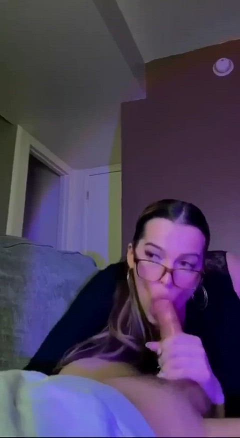 blowjob cum in mouth cum swallow deepthroat eye contact glasses nerd gif