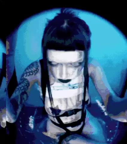 big tits boobs busty eye contact goth pasties pierced tattoo topless gif
