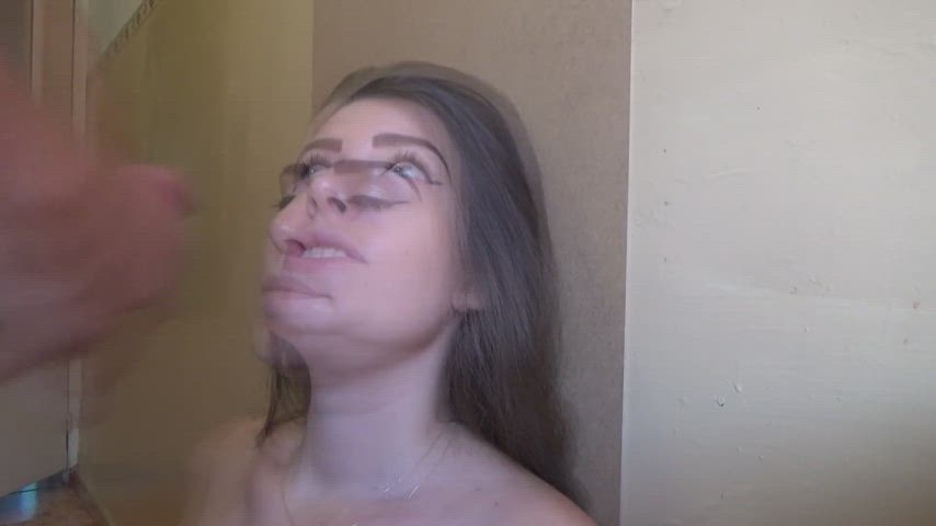 Amateur Babe Brunette Cumshot Licking gif