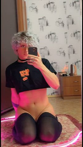 blonde curly hair curvy femboy tgirl thick gif