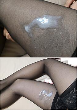 jizz over sheer black nylon legs