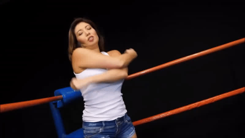 akira lane asian brunette jean shorts tank top wrestling gif