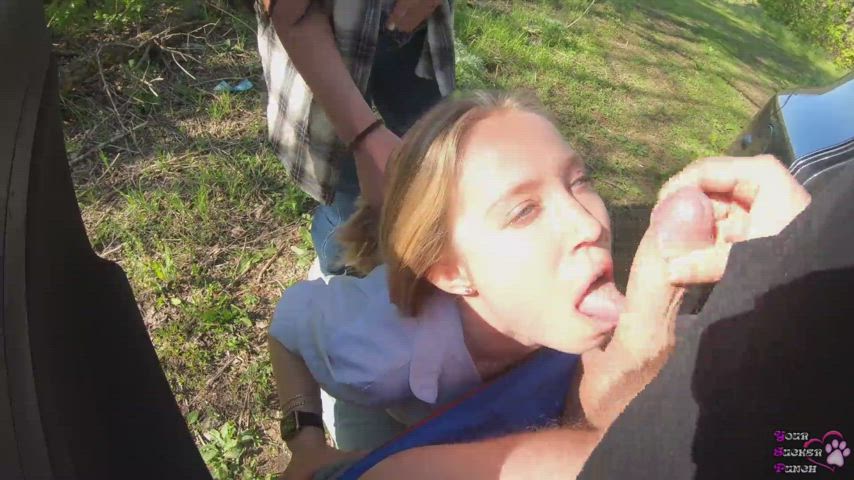 blonde blowjob cum cumshot cute ffm facial outdoor teen gif