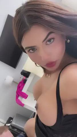 big tits brunette girl dick oral sucking t-girl trans gif