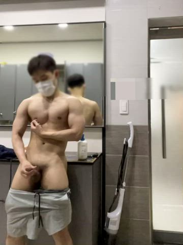 JO in a gym locker room while a guy is still in the shower?