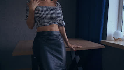 amateur brunette leather milf nsfw onlyfans skirt tease teasing undressing gif