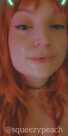 cum cumshot cute facial manyvids messy redhead smile gif