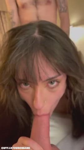 amateur blowjob deepthroat girlfriend mfm sharing spitroast threesome gif