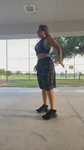 public stretching thick gif
