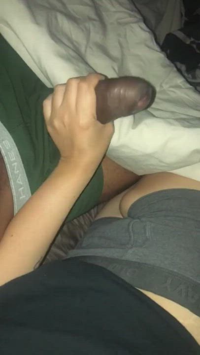 Jerking off his huge uncut dick