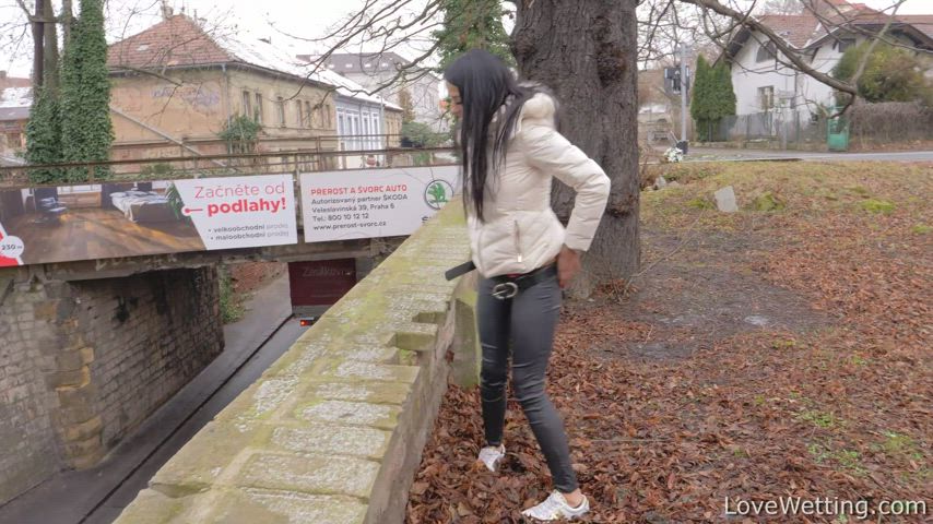 Silvia Black pees off the wall by the road as vehicles drive by