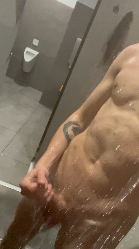 gay gym jerk off locker room public shower twink twunk gay-slut gif