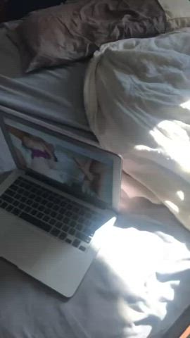Cuckold couple milf sees my huge young dick and plays with her pussy till she cums.