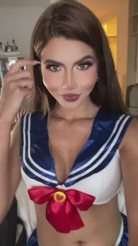 Big Dick Big Tits Brunette Cosplay Long Hair Smile Tease Trans gif