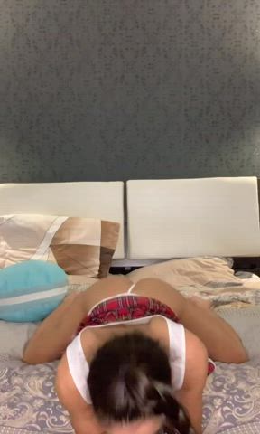 brunette deepthroat dildo gagging pov petite skirt sucking thong gif