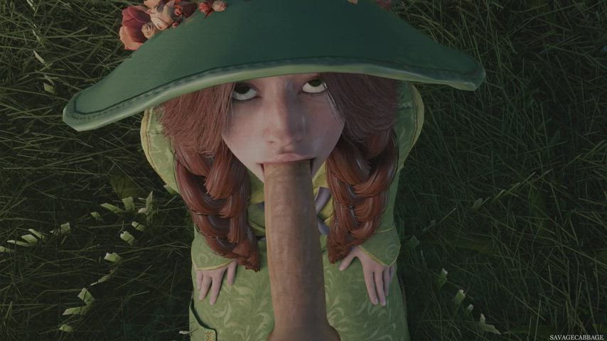 3d animation big dick blowjob clothed deepthroat fantasy public redhead rule34 gif