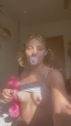 Blonde Dripping Extra Small Hairy Pussy Naked Pigtails Role Play Tease gif