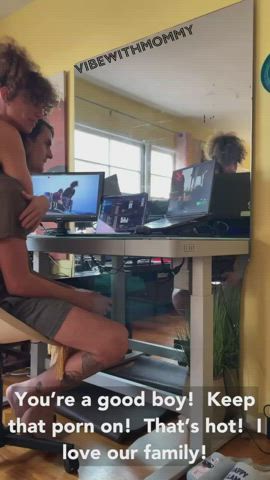 My sweet boy plays videos games and watches porn while his naked mom dances around!
