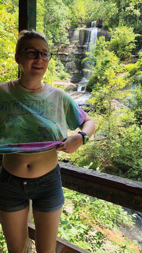 bouncing tits cute flashing hiking nsfw natural tits outdoor pov petite public exposed-in-public