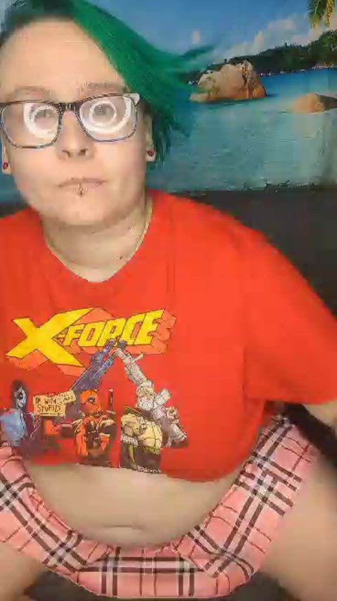 alt bbw glasses nerd onlyfans skirt tease belly silly gif