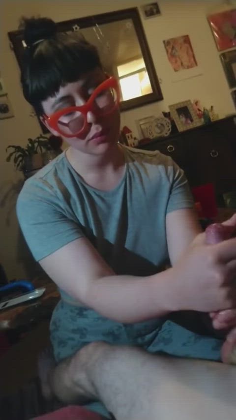 amateur glasses handjob nerd gif
