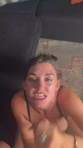 Amateur Brunette Cum Swallow Cumshot Facial Smile gif