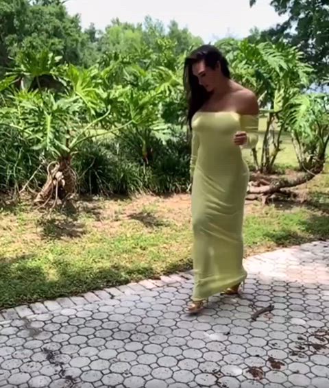 ass bimbo dress fake tits high heels long hair long legs model sideboob walking gif