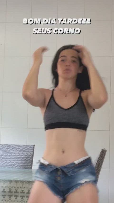 ass big ass brunette jean shorts pale thick-booty gif