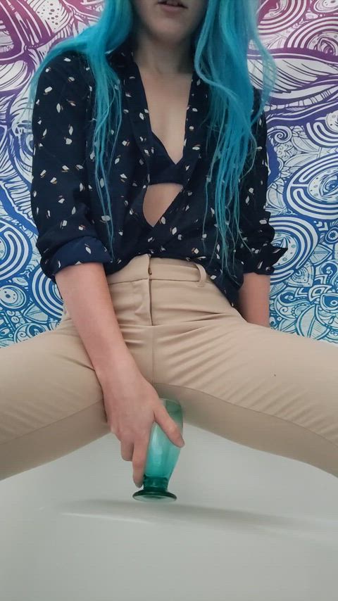 pee piss pissing watersports blue hair gif