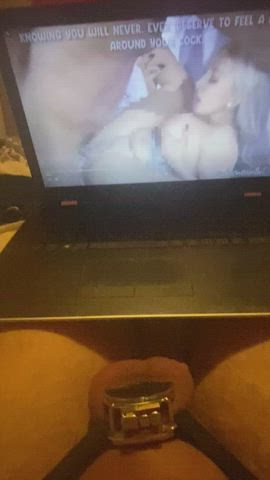 Slapping my pathetic white balls when clitty caged watching censored bbc porn , its