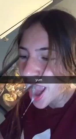 18 years old barely legal brunette caught cum cum in mouth schoolgirl slut spit tiktok