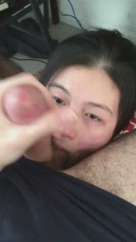 amateur asian cum swallow cumshot facial smile submissive gif