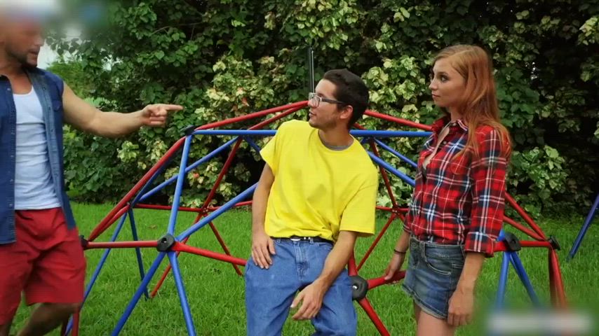 This little redhead gets fucked by her cowardly boyfriend's bully in a playground