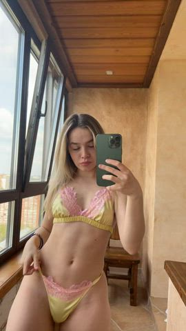 Flashing my pussy and inviting you to try it