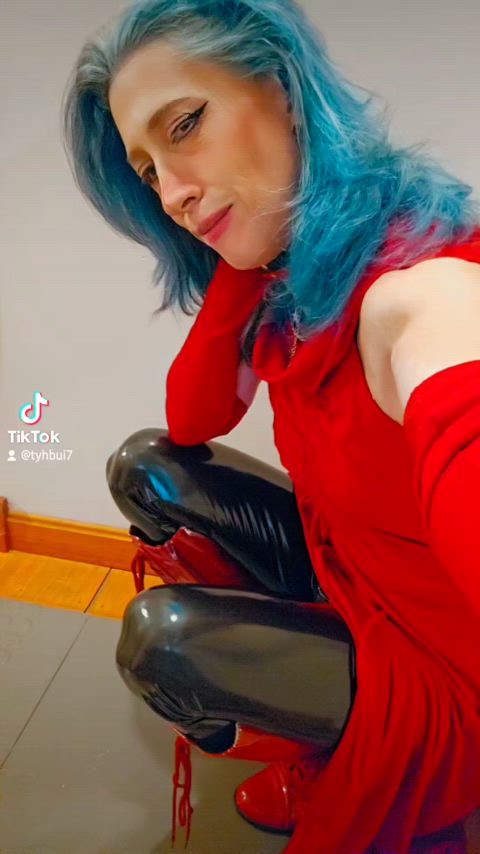 babe boots clothed cute hotwife latex leather leggings non-nude tiktok gif