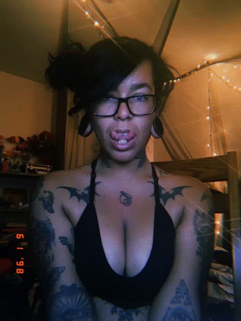 glasses long tongue pigtails tattoo tattooed tongue tongue fetish tongue piercing