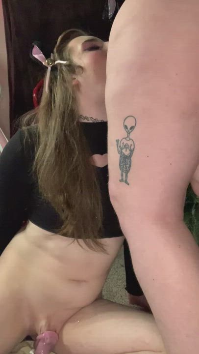 And now we officially start her orgasm from BJ training! This little whore is sitting
