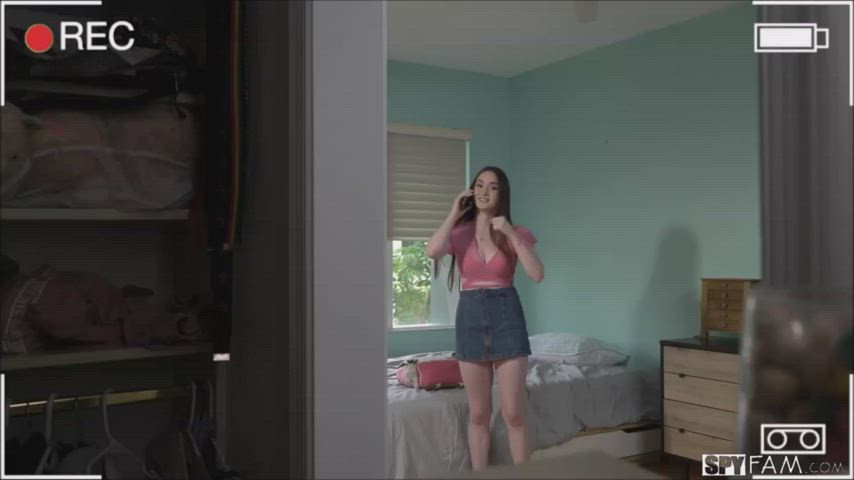 Her step-brother has spy cams setup in her room - huge cumshot!