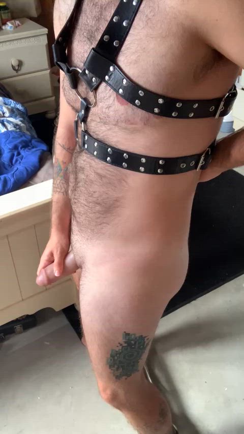 ass daddy dildo hairy chest homemade leather masturbating nsfw trans man gif