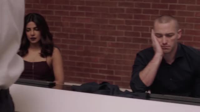 Priyanka Chopra - Quantico - S2E9 - in maroon spaghetti-strap dress, at bar / with