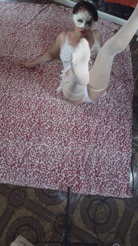 brunette lingerie milf mask teasing gif
