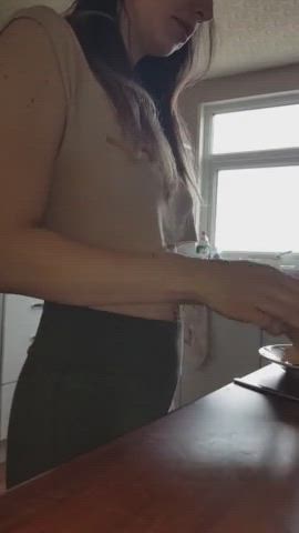brunette girlfriend kinky moaning quickie sex standing doggy surprise gif