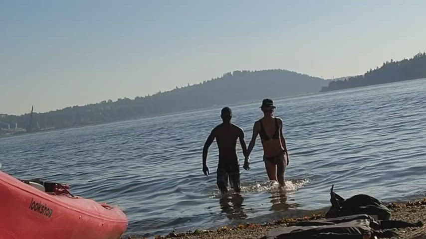 Playing with our big cocks outdoors