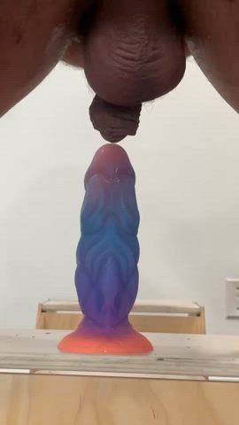 aninterestingguy showing off thong tanlines while mounting a beast of a dildo