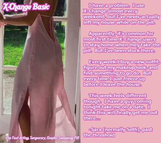 beautiful brunette caption cleavage dress pretty xchange sissycaption x-change gif