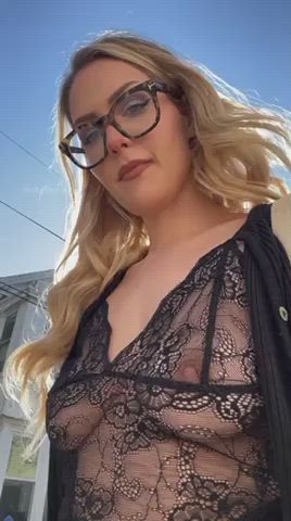 Glasses Lingerie Big Tits Areolas Erect Nipples Bouncing Tits Outdoor Flashing Blonde