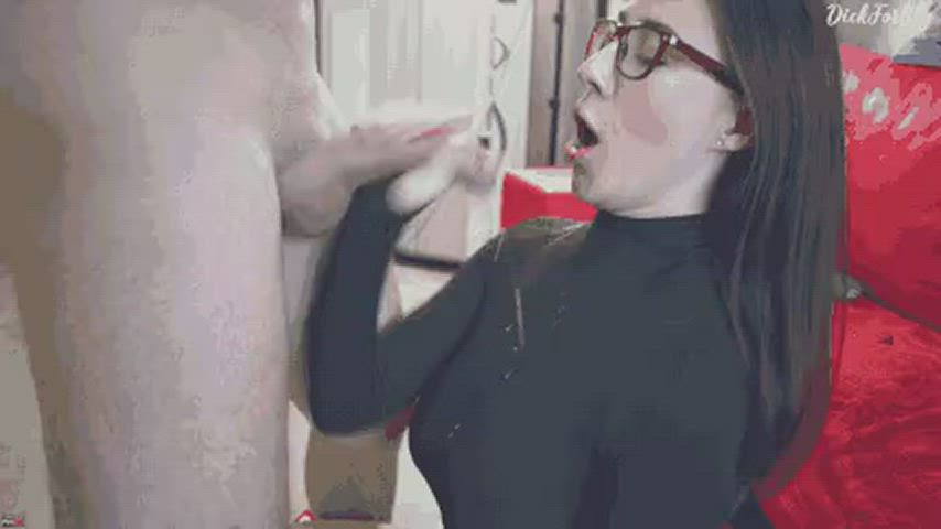 amateur brunette cock milking cum cumshot glasses handjob shaved gif