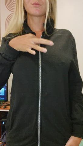 Unzipping to reveal my natural busty DDs