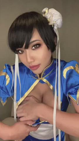 asian big tits brown eyes cosplay eye contact lips gif